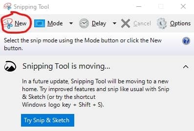 Snipping tool used for taking a screenshot on Laptop