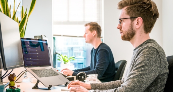 Two people working side by side on computers using search as a service.