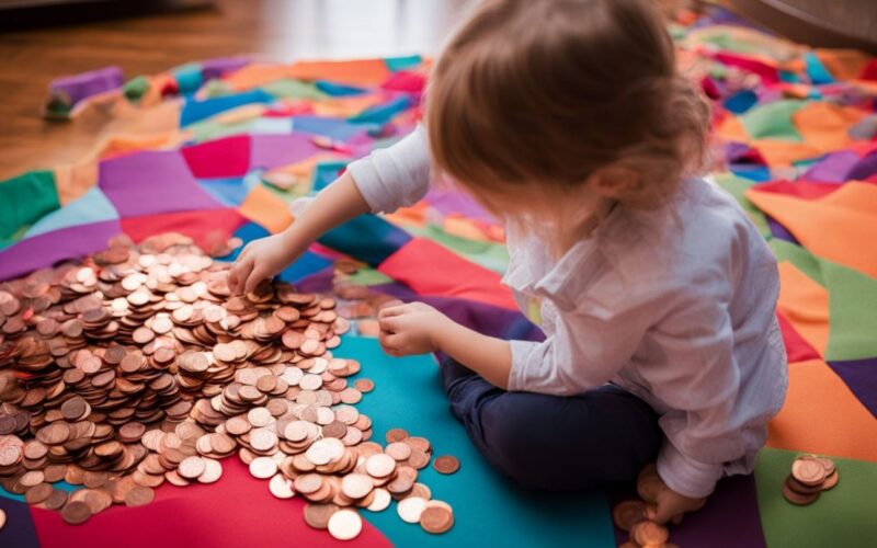 A child counting a large pile of pennies on a colorful play mat.