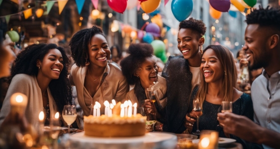 A diverse group celebrating birthdays in a multicultural city setting.