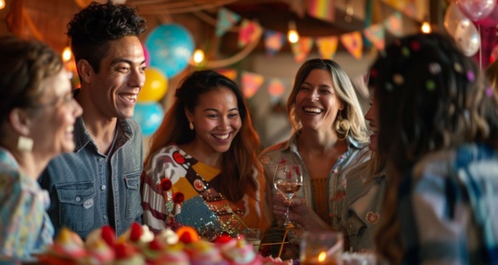 A diverse group celebrating birthdays in a unique setting.