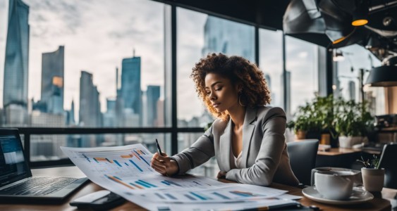 A financial report surrounded by market charts with diverse cityscape photography.