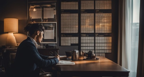 A person in a room surrounded by a calendar, clock, and cityscape.