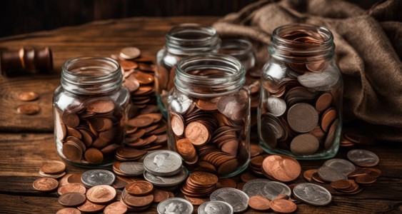 A pile of mixed coins on a wooden table with vintage money jars.