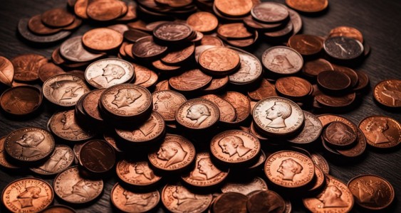 A pile of shiny pennies and vintage coins on a wooden table.