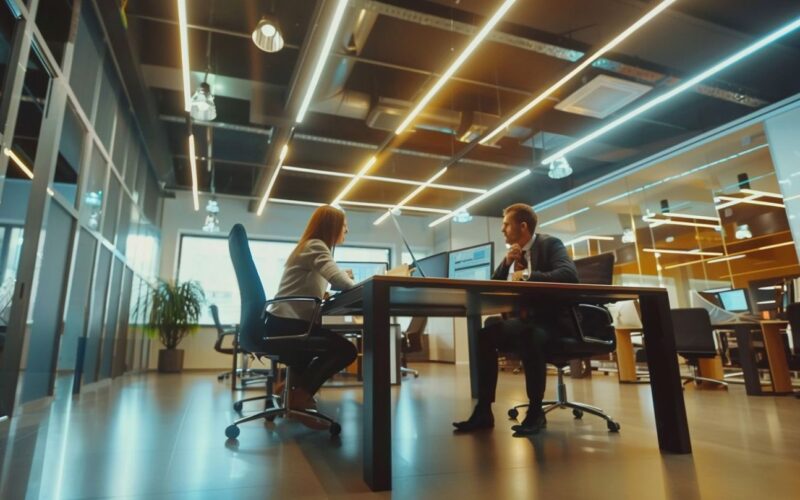 A team of accountants discuss financial reports in a modern office.