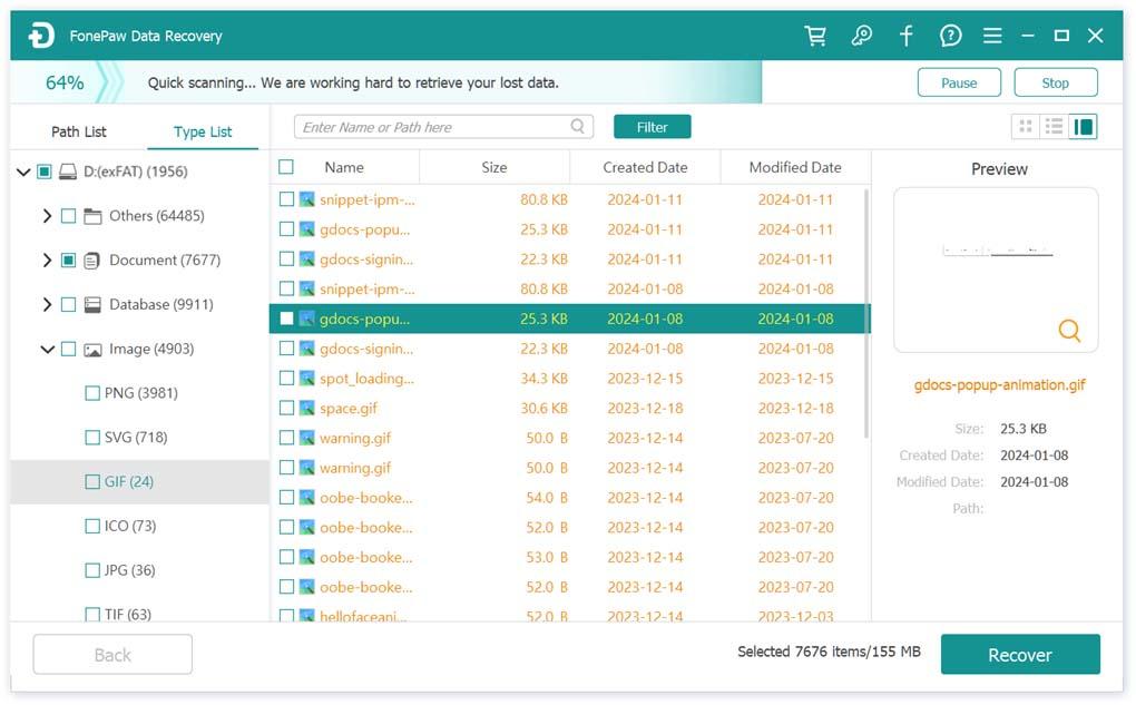 preview and verify your data on the USB Drive using the "Type List" and "Path List" options