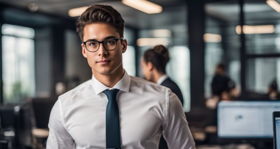 A confident student in professional attire standing in an office environment.