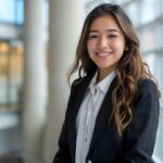 A confident student poses in professional attire in a modern office.