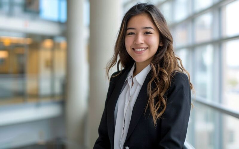 A confident student poses in professional attire in a modern office.