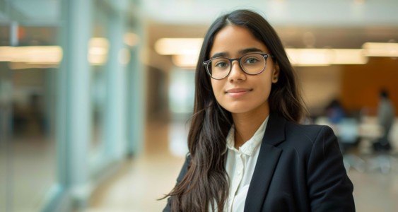 A confident student poses in professional attire in a modern office.