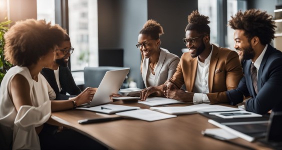 A diverse group discussing financial documents in a modern office setting.