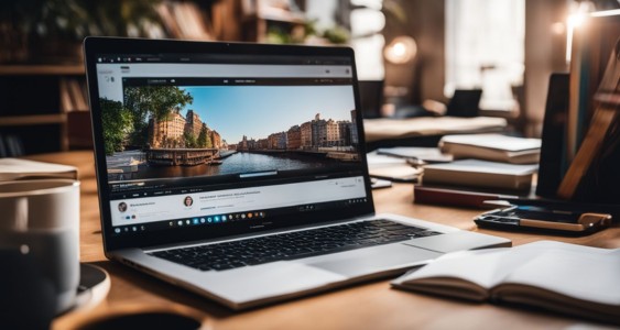 A laptop with a LinkedIn profile surrounded by office supplies and books.