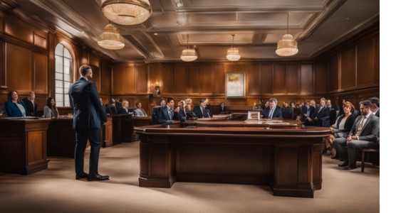 A lawyer confidently presents legal documents in a bustling courtroom.