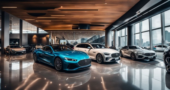 A luxury car showroom with high-end vehicles and a bustling atmosphere.