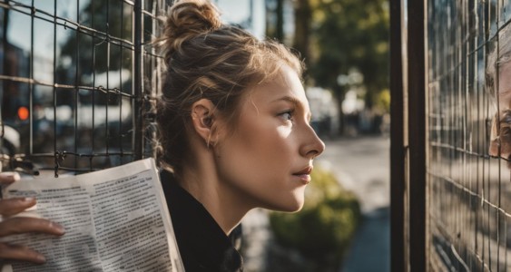 A person peering through a locked gate with news articles behind it.