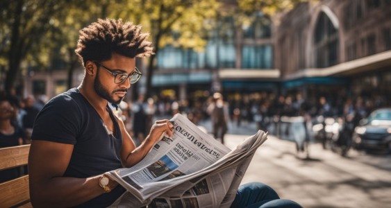 A person reading a newspaper surrounded by open books outside a library.