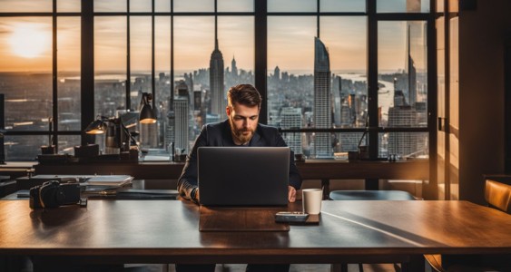 A person using LinkedIn on laptop in a busy city environment.