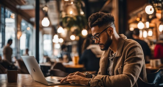 A person working on a laptop in a busy coffee shop.