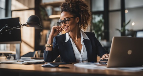 A professional woman customizing her LinkedIn URL in a modern office.