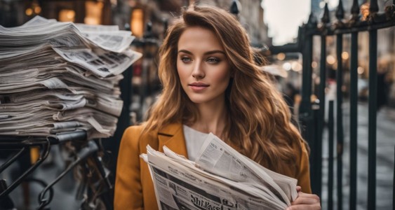 A stack of newspapers sits behind a locked gate in a bustling city.