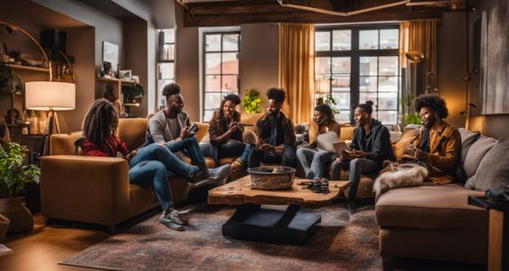 A diverse group of gamers enjoying Snokido in a vibrant living room setting.