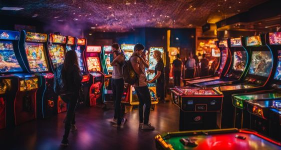 A diverse group of people playing games in a vibrant arcade.