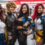 A group of friends in colorful cosplay outfits at a comic convention.