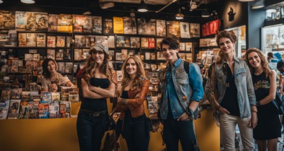 A group of friends in cosplay costumes posing in front of a comic book store.