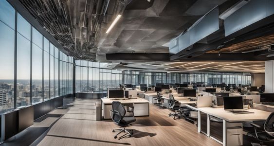 A modern office building with XCV panels on the rooftop surrounded by a bustling cityscape.