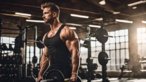 A muscular man lifting weights in a well-equipped gym.