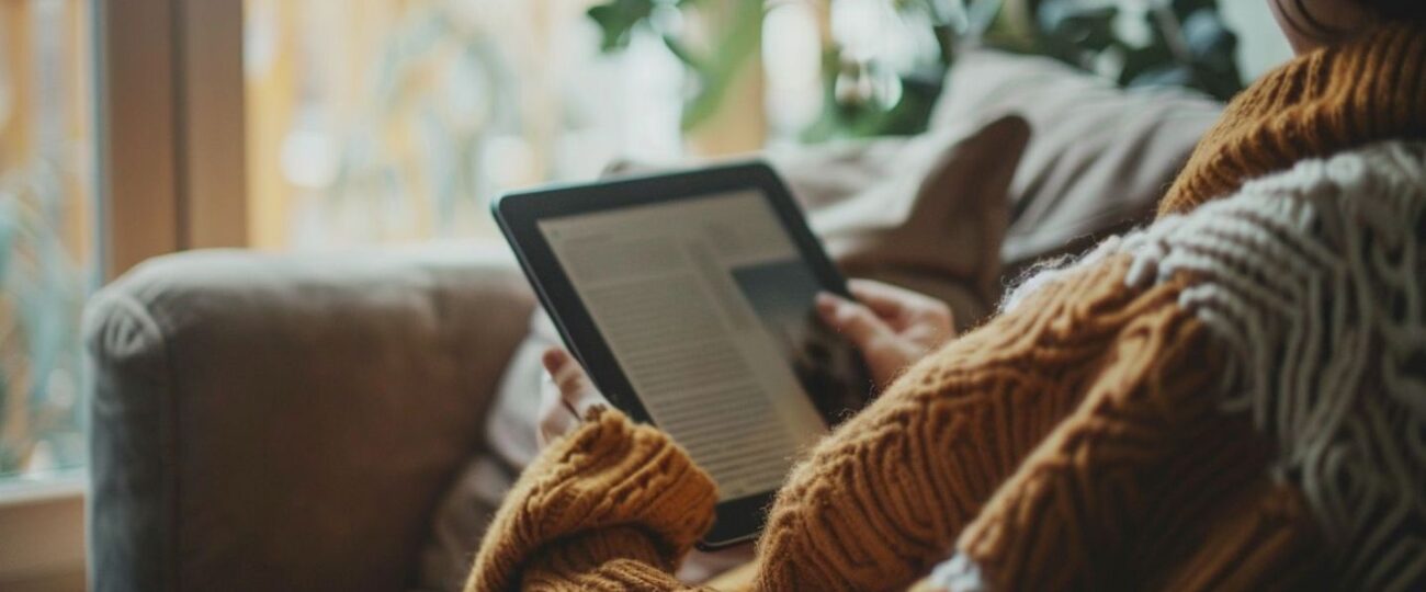 A person reading manga on a tablet in a cozy setting.