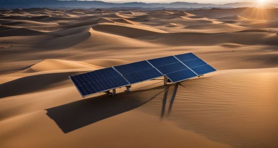 A photo of solar panels in a desert landscape at sunrise.