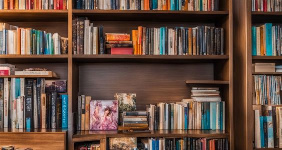 A stack of colorful manga books on a modern bookshelf with stylish decor.