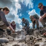 A team of archaeologists uncover artifacts at the Oak Island dig site.