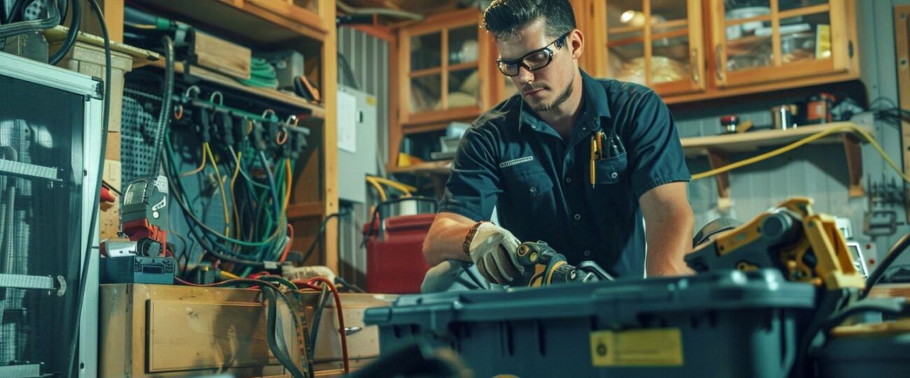 A technician servicing a home HVAC system with tools and equipment.