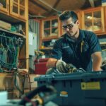 A technician servicing a home HVAC system with tools and equipment.