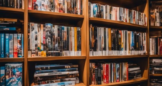 A vibrant bookshelf displaying popular manga covers in a bustling atmosphere.