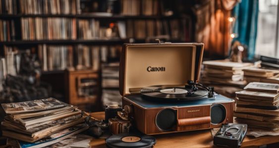 A vintage record player surrounded by comic books and figurines.