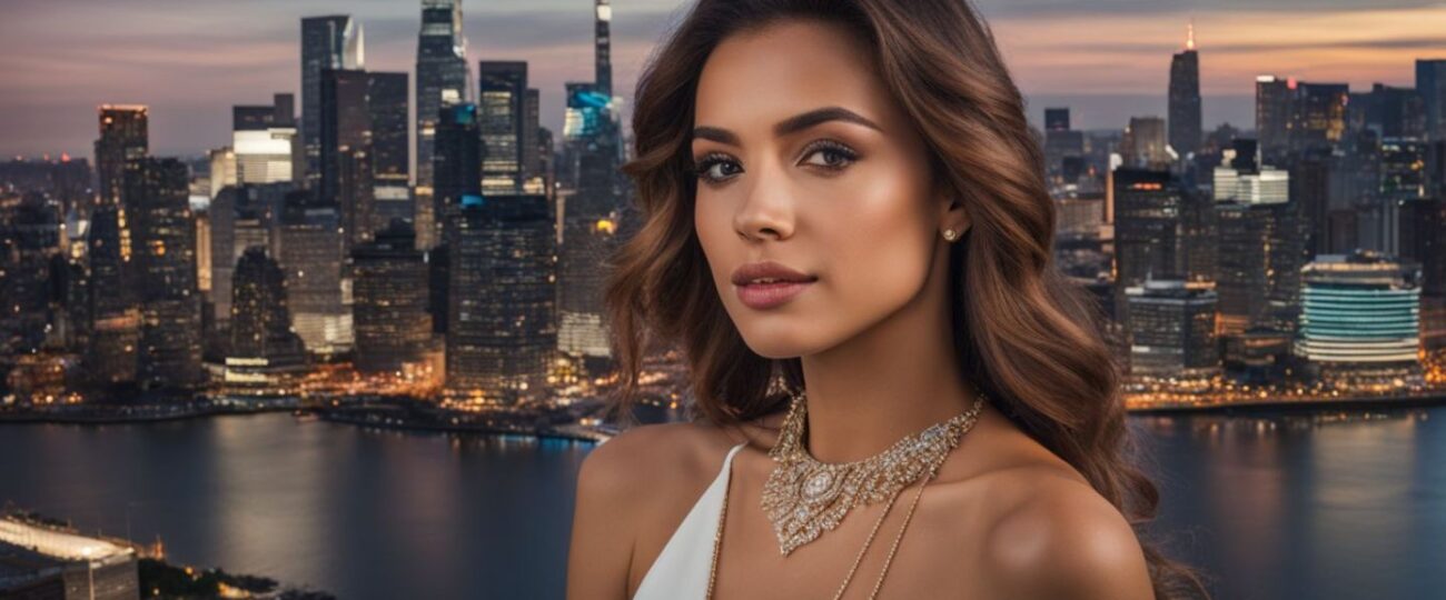 A woman wearing Evry Jewels' luxurious necklace and posing in the city.