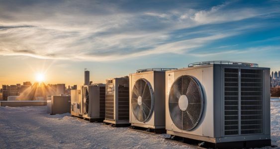 Five well-maintained HVAC units against a clear blue sky in a city.