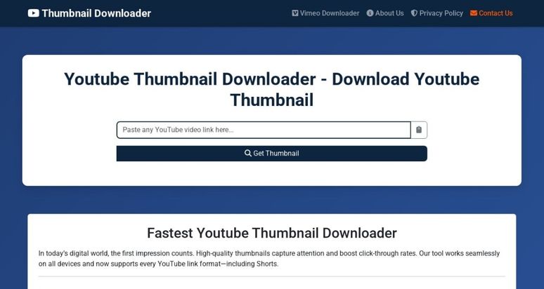 YT Thumbnail Downloader's main page showcasing a simple input field and preview area for YouTube video thumbnails.